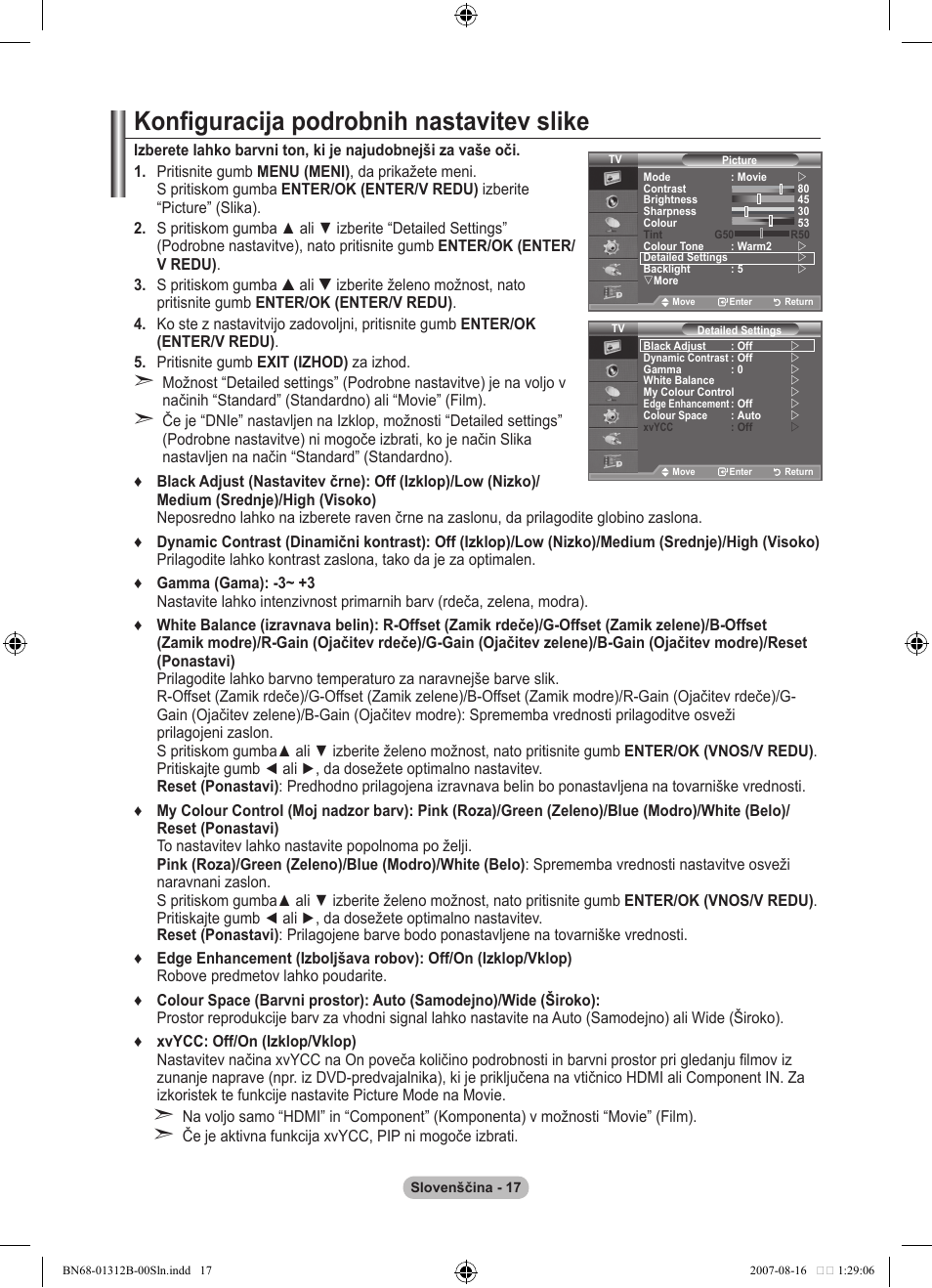 Konfiguracija podrobnih nastavitev slike | Samsung LE40F86BD User Manual | Page 469 / 516