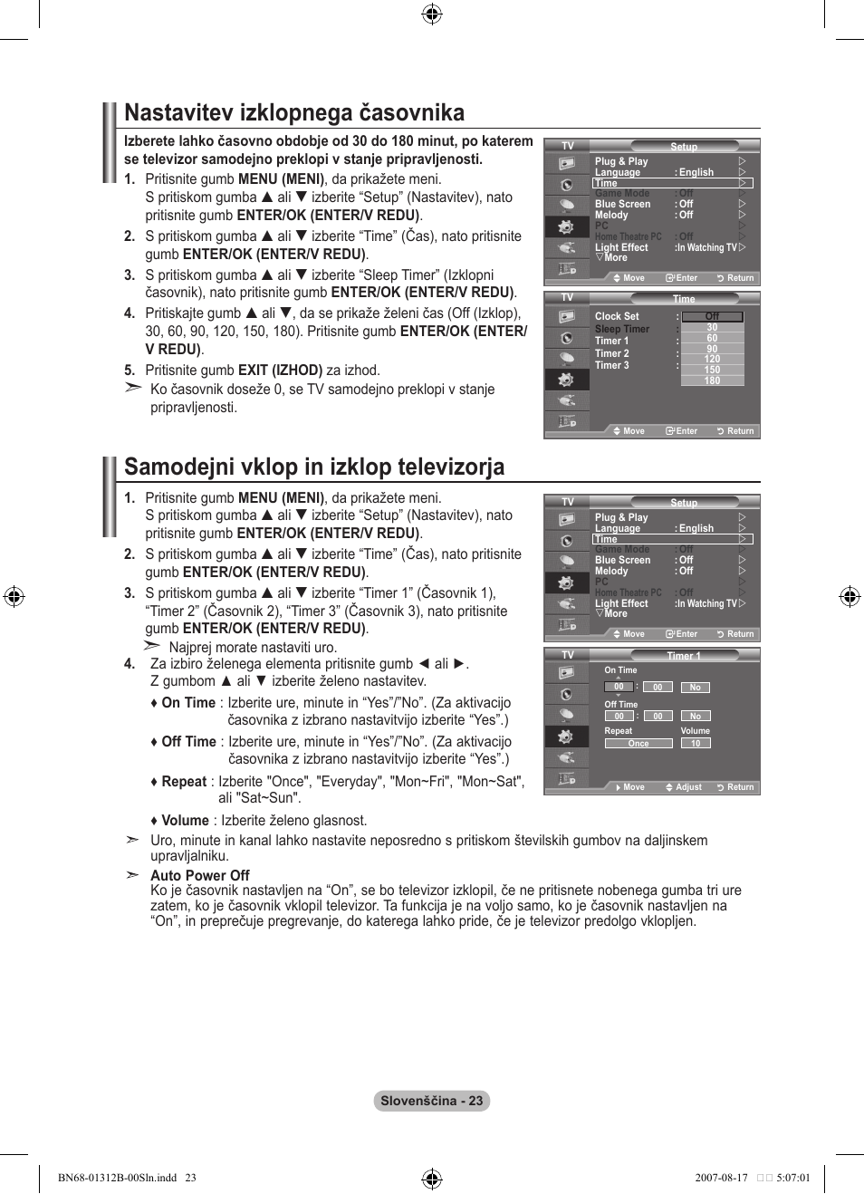 Nastavitev izklopnega časovnika, Samodejni vklop in izklop televizorja | Samsung LE40F86BD User Manual | Page 475 / 516