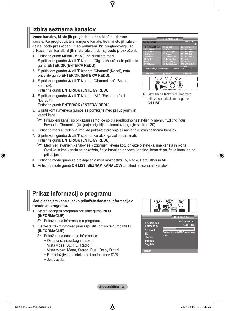 Izbira seznama kanalov, Prikaz informacij o programu | Samsung LE40F86BD User Manual | Page 483 / 516