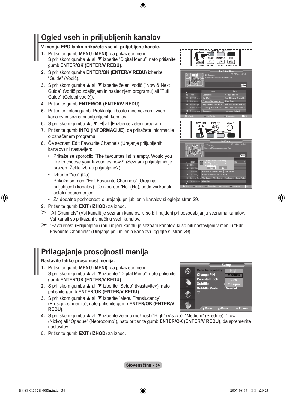 Ogled vseh in priljubljenih kanalov, Prilagajanje prosojnosti menija | Samsung LE40F86BD User Manual | Page 486 / 516