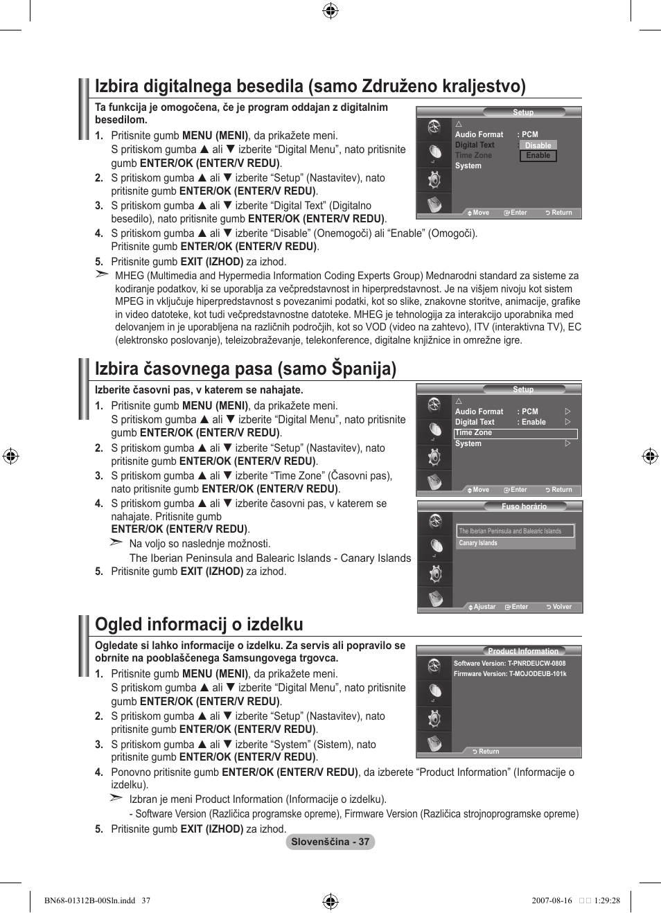 Izbira časovnega pasa (samo španija), Ogled informacij o izdelku | Samsung LE40F86BD User Manual | Page 489 / 516