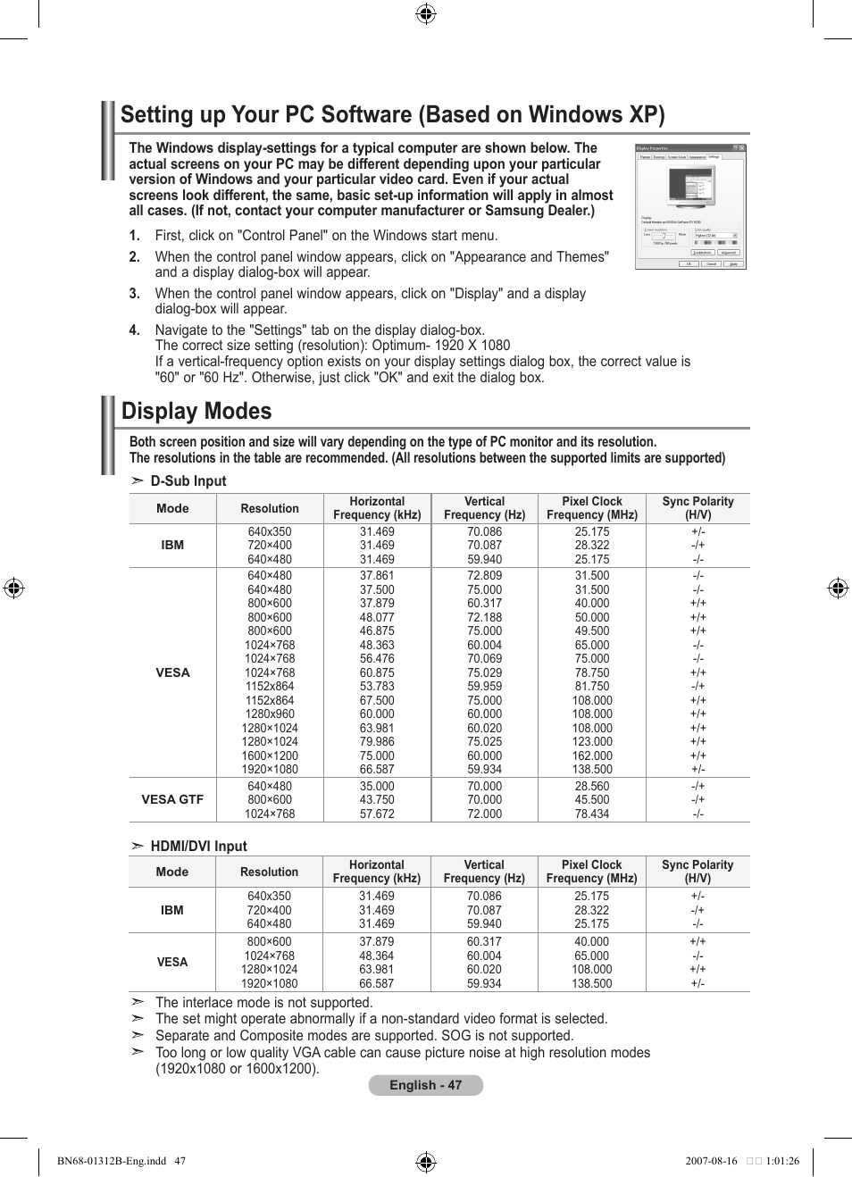 Setting the pc, Setting up your pc software (based on windows xp), Display modes | Samsung LE40F86BD User Manual | Page 49 / 516
