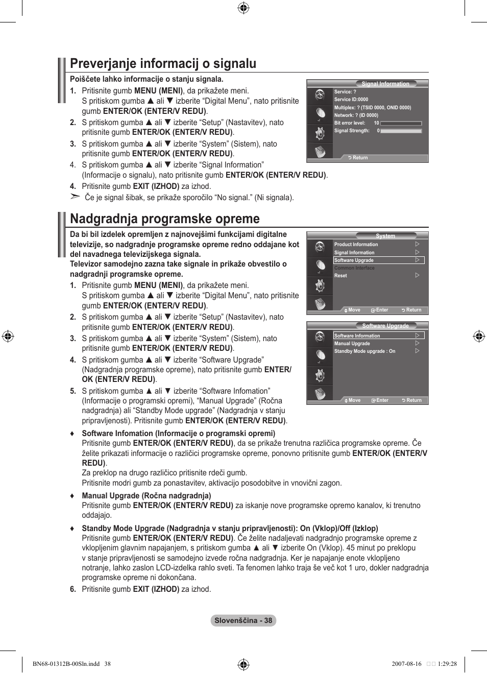 Preverjanje informacij o signalu, Nadgradnja programske opreme | Samsung LE40F86BD User Manual | Page 490 / 516