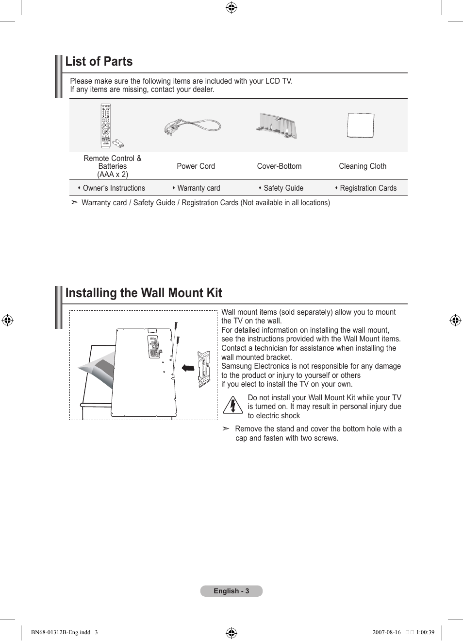 Connecting and preparing your tv, List of parts, Installing the wall mount kit | Samsung LE40F86BD User Manual | Page 5 / 516
