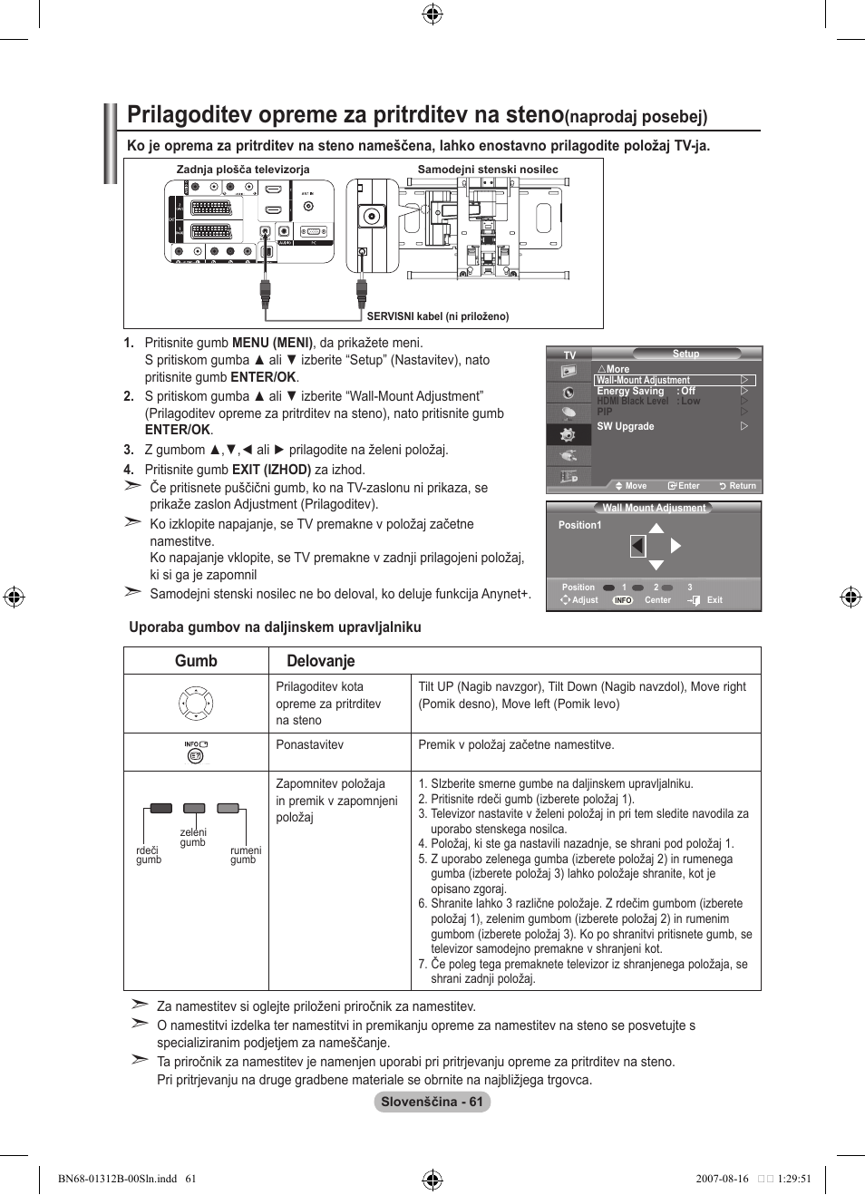 Prilagoditev opreme za pritrditev na steno, Naprodaj posebej), Gumb delovanje | Samsung LE40F86BD User Manual | Page 513 / 516
