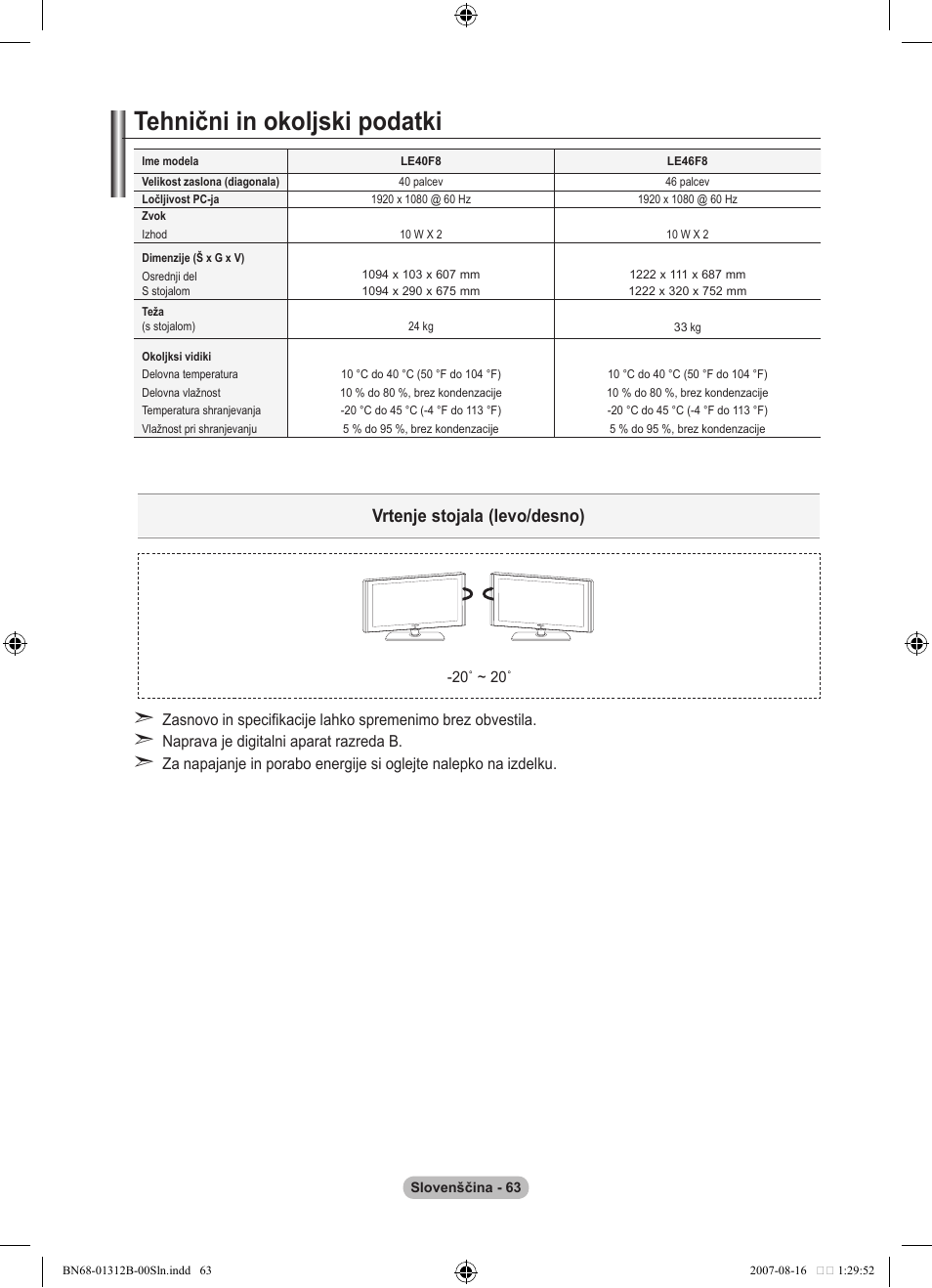Tehnični in okoljski podatki, Vrtenje stojala (levo/desno) | Samsung LE40F86BD User Manual | Page 515 / 516