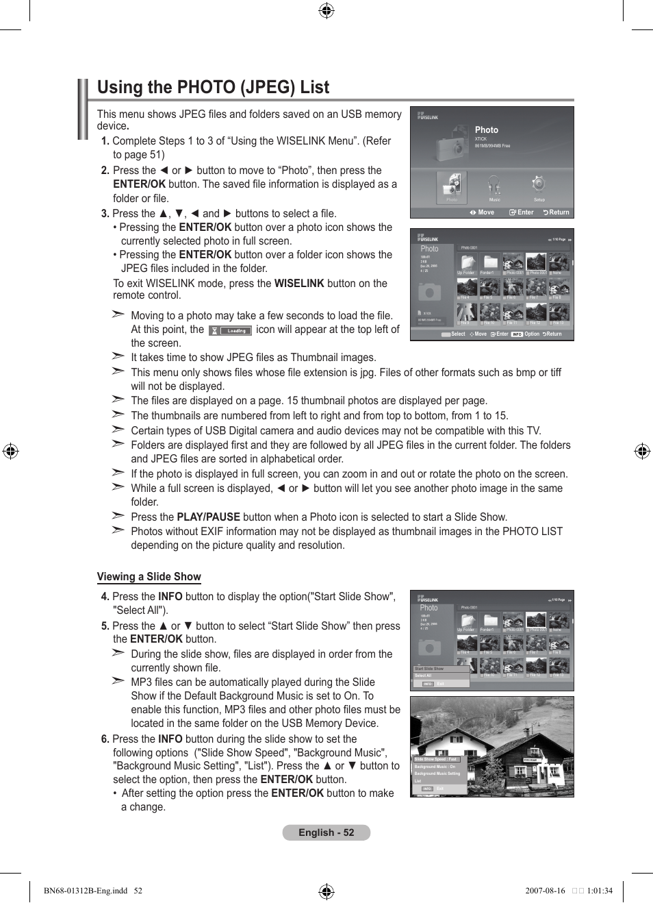 Using the photohoto (jpeg) list, Using the photo (jpeg) list | Samsung LE40F86BD User Manual | Page 54 / 516