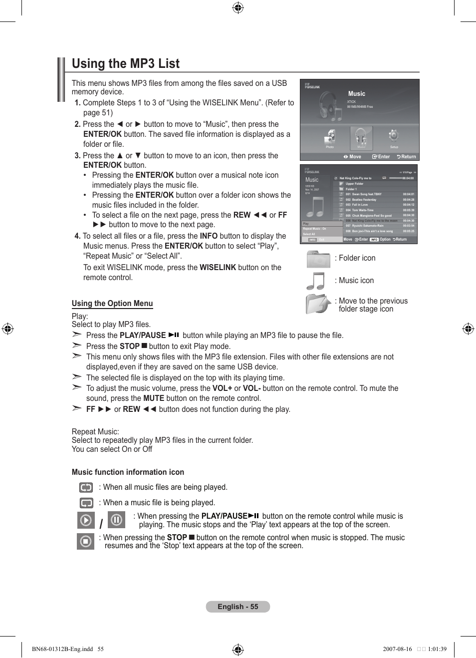 Using the mp3 list, Using the mp list | Samsung LE40F86BD User Manual | Page 57 / 516