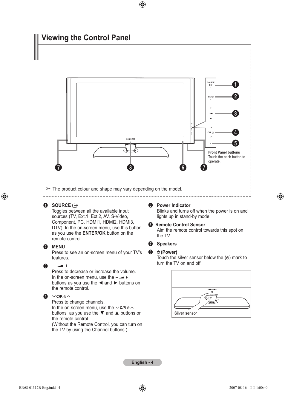 Viewing the control panel | Samsung LE40F86BD User Manual | Page 6 / 516