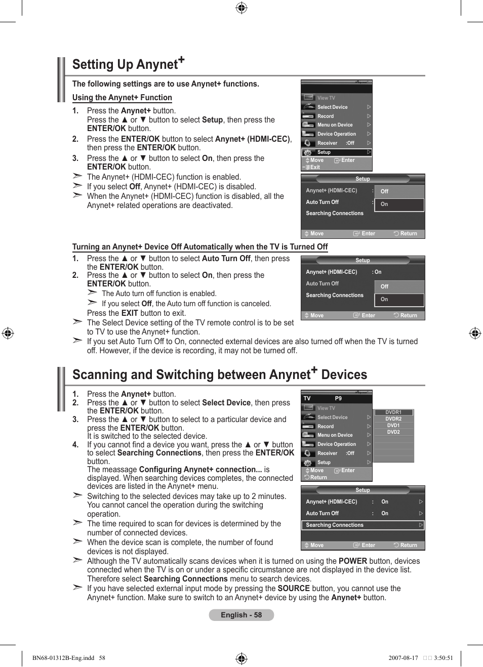 Setting up anynet, Scanning and switching between anynet+ devices | Samsung LE40F86BD User Manual | Page 60 / 516