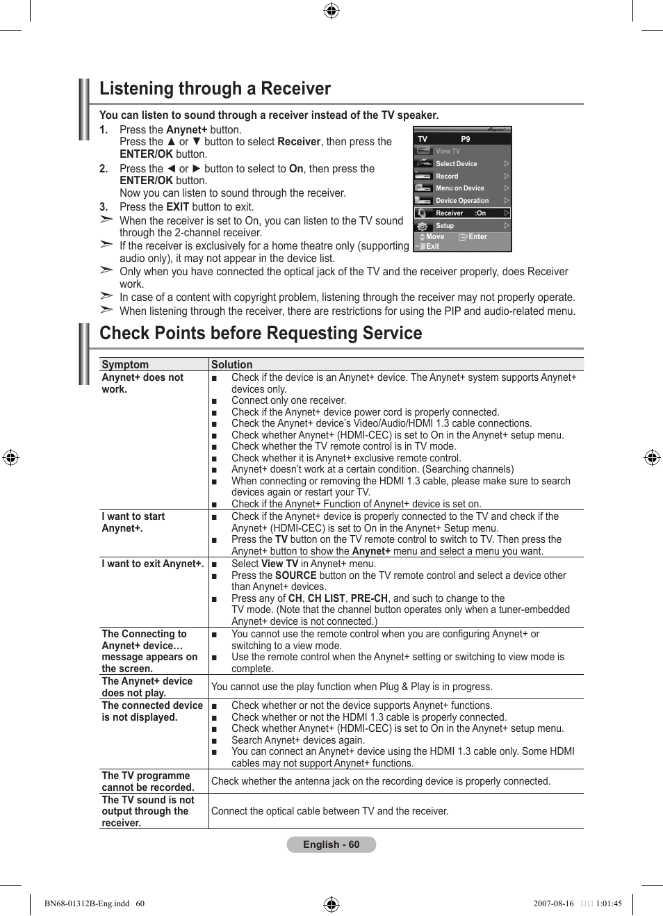 Listening through a receiver, Check points before requesting service | Samsung LE40F86BD User Manual | Page 62 / 516