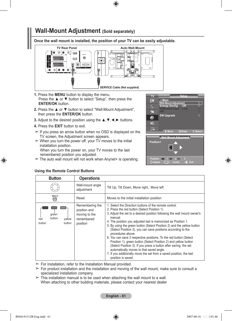 Recommendations for use, Wall-mount adjustment (sold separately), Wall-mount adjustment | Sold separately), Button operations | Samsung LE40F86BD User Manual | Page 63 / 516