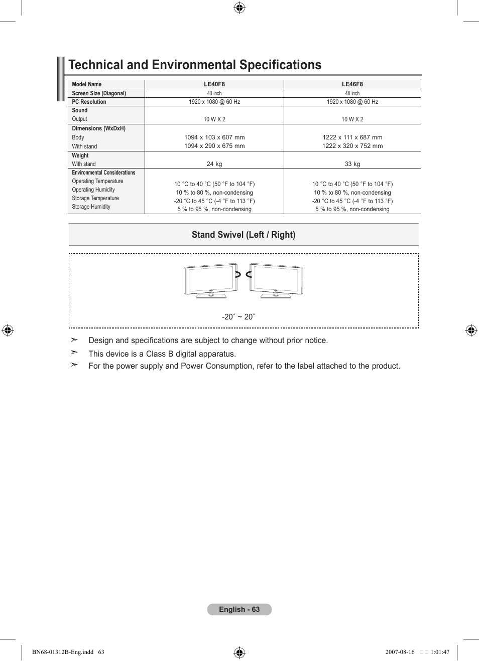Technical and environmental specifications, Stand swivel (left / right) | Samsung LE40F86BD User Manual | Page 65 / 516
