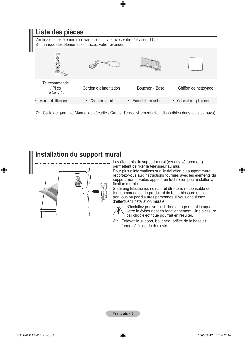 Liste des pièces, Installation du support mural | Samsung LE40F86BD User Manual | Page 69 / 516