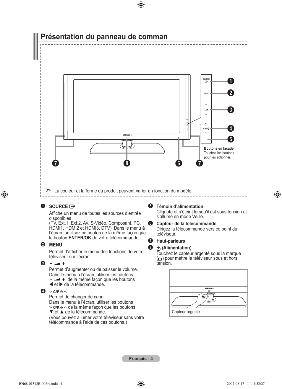 Présentation du panneau de comman | Samsung LE40F86BD User Manual | Page 70 / 516