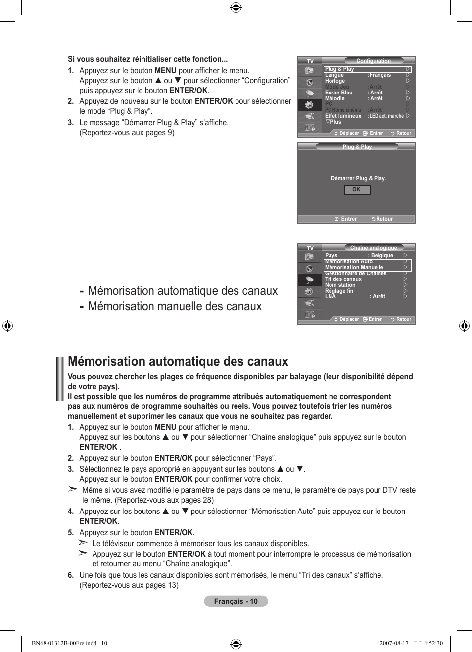 Mémorisation automatique des canaux | Samsung LE40F86BD User Manual | Page 76 / 516