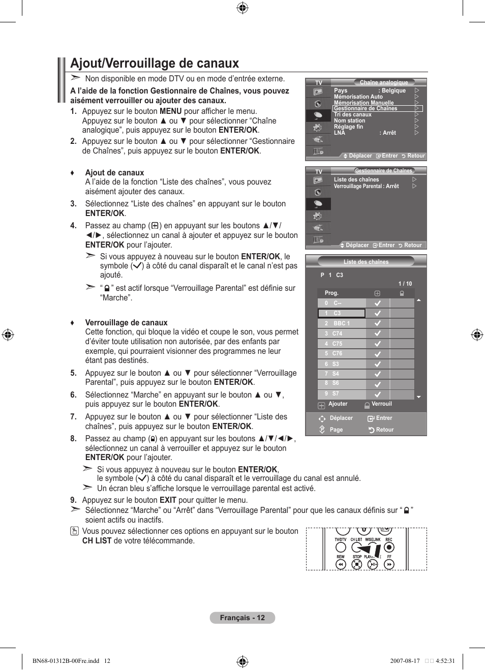 Ajout/verrouillage de canaux | Samsung LE40F86BD User Manual | Page 78 / 516