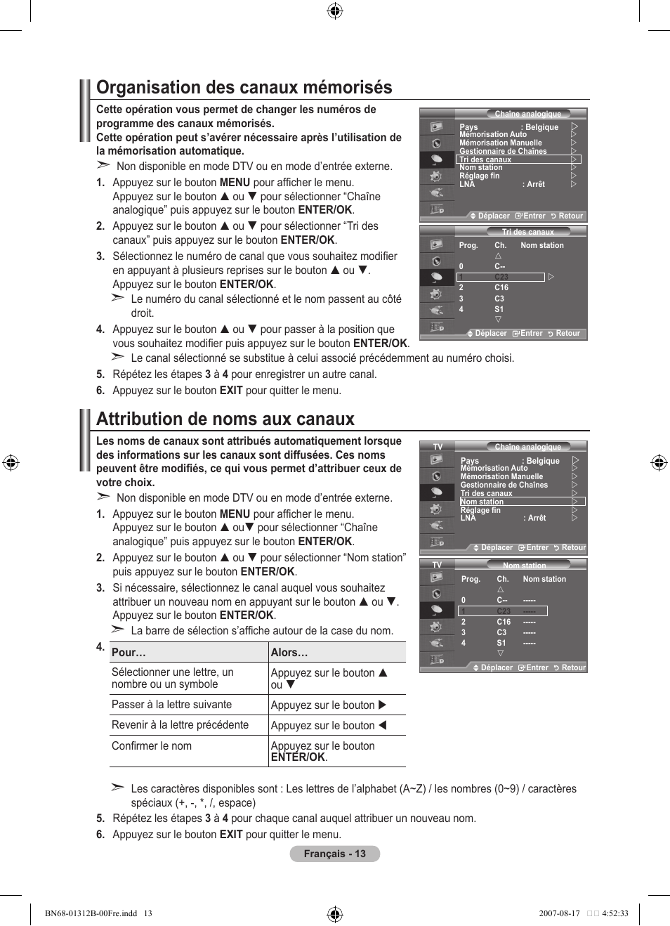 Organisation des canaux mémorisés, Attribution de noms aux canaux | Samsung LE40F86BD User Manual | Page 79 / 516