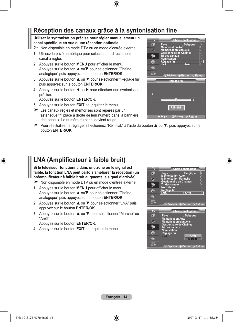 Réception des canaux grâce à la syntonisation fine, Lna (amplificateur à faible bruit) | Samsung LE40F86BD User Manual | Page 80 / 516