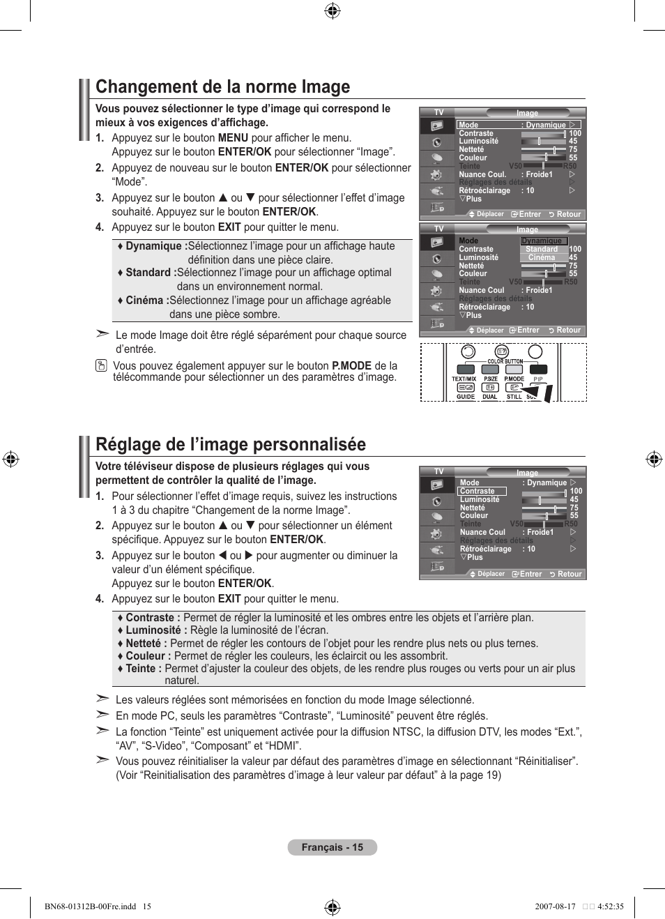Changement de la norme image, Réglage de l’image personnalisée | Samsung LE40F86BD User Manual | Page 81 / 516