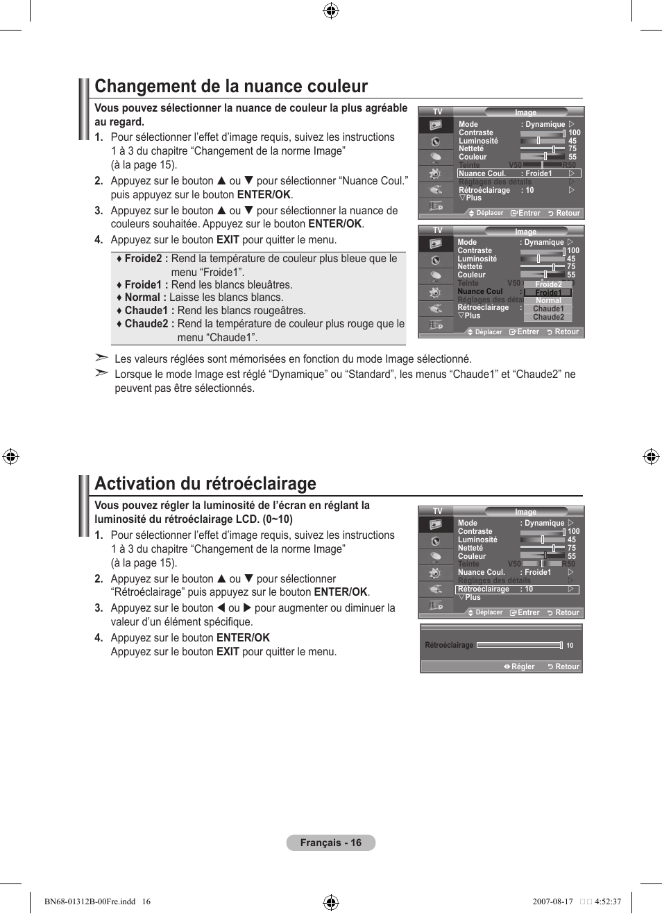 Changement de la nuance couleur, Activation du rétroéclairage | Samsung LE40F86BD User Manual | Page 82 / 516