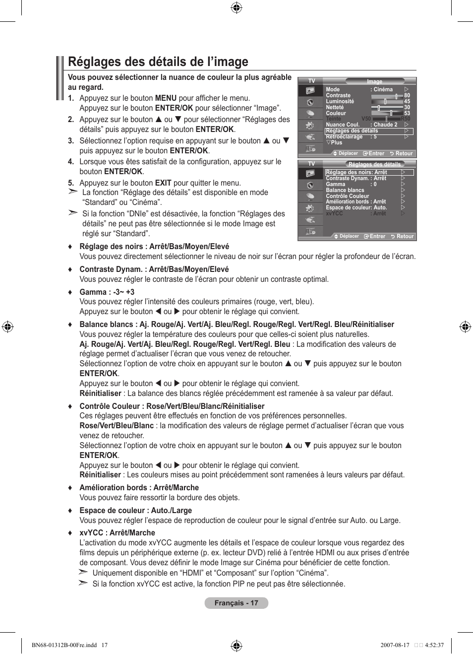 Réglages des détails de l’image | Samsung LE40F86BD User Manual | Page 83 / 516