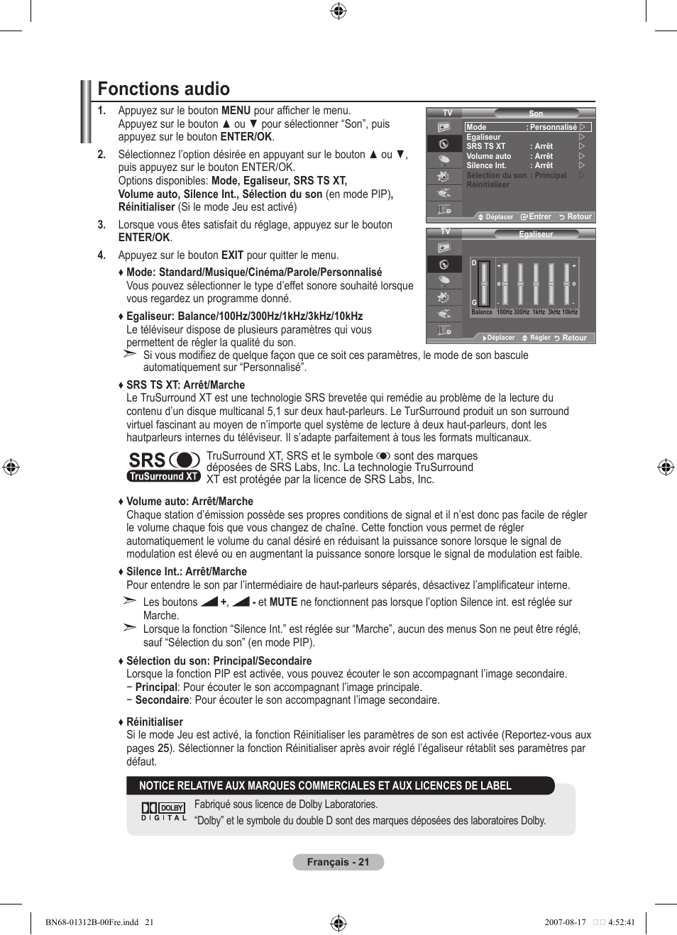 Fonctions audio | Samsung LE40F86BD User Manual | Page 87 / 516