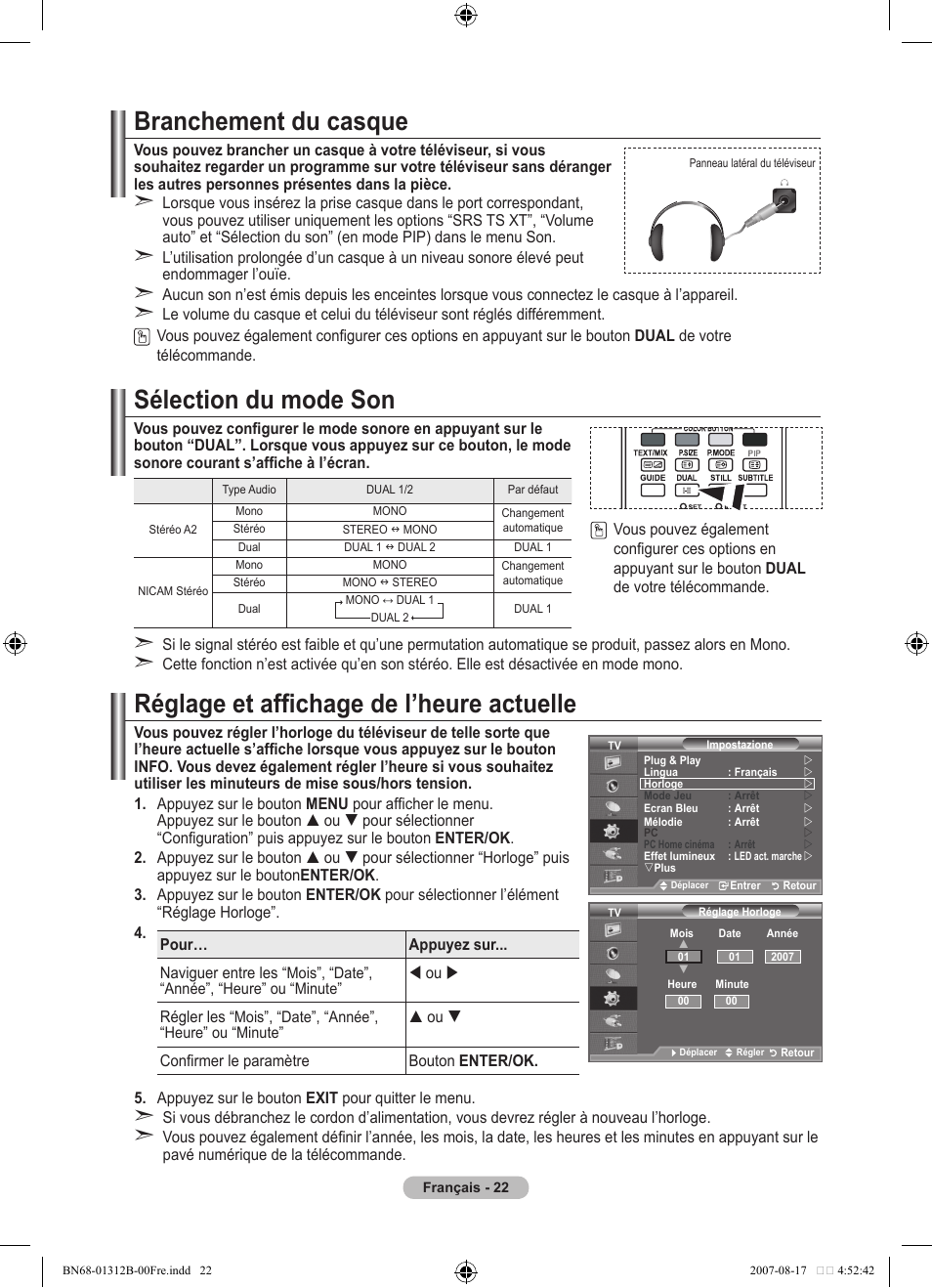 Branchement du casque, Réglage et affichage de l’heure actuelle, Sélection du mode son | Samsung LE40F86BD User Manual | Page 88 / 516