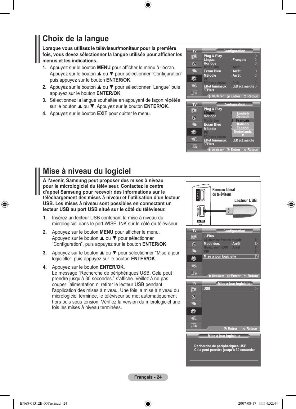 Choix de la langue, Mise à niveau du logiciel | Samsung LE40F86BD User Manual | Page 90 / 516