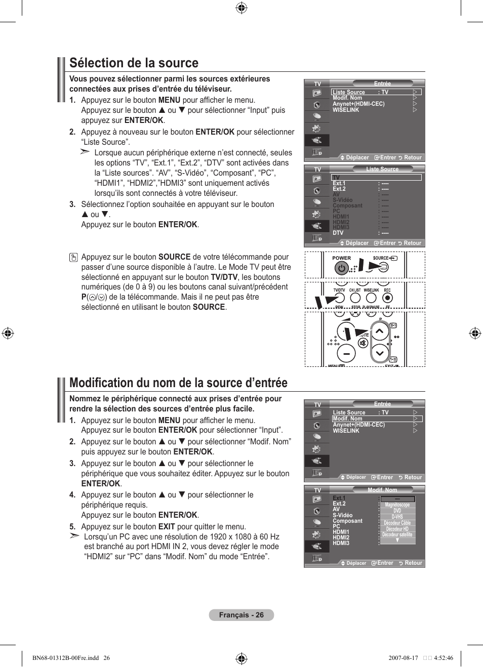 Sélection de la source, Modification du nom de la source d’entrée | Samsung LE40F86BD User Manual | Page 92 / 516