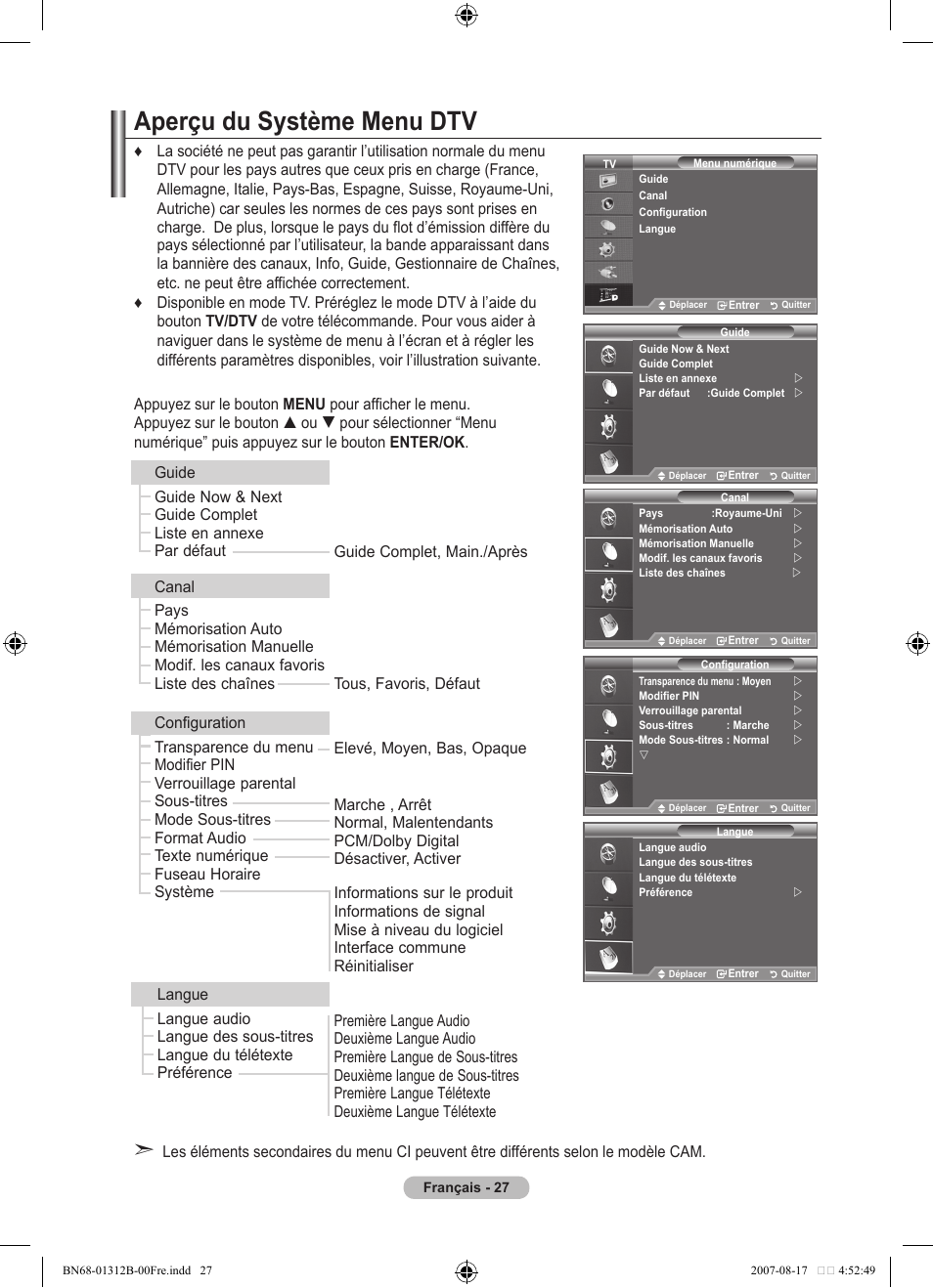 Aperçu du système menu dtv | Samsung LE40F86BD User Manual | Page 93 / 516