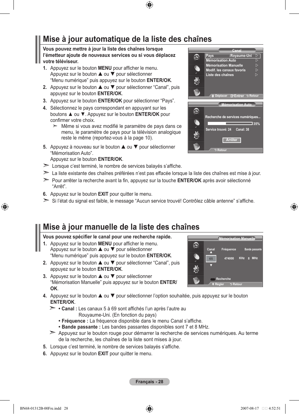 Mise à jour automatique de la liste des chaînes, Mise à jour manuelle de la liste des chaînes | Samsung LE40F86BD User Manual | Page 94 / 516