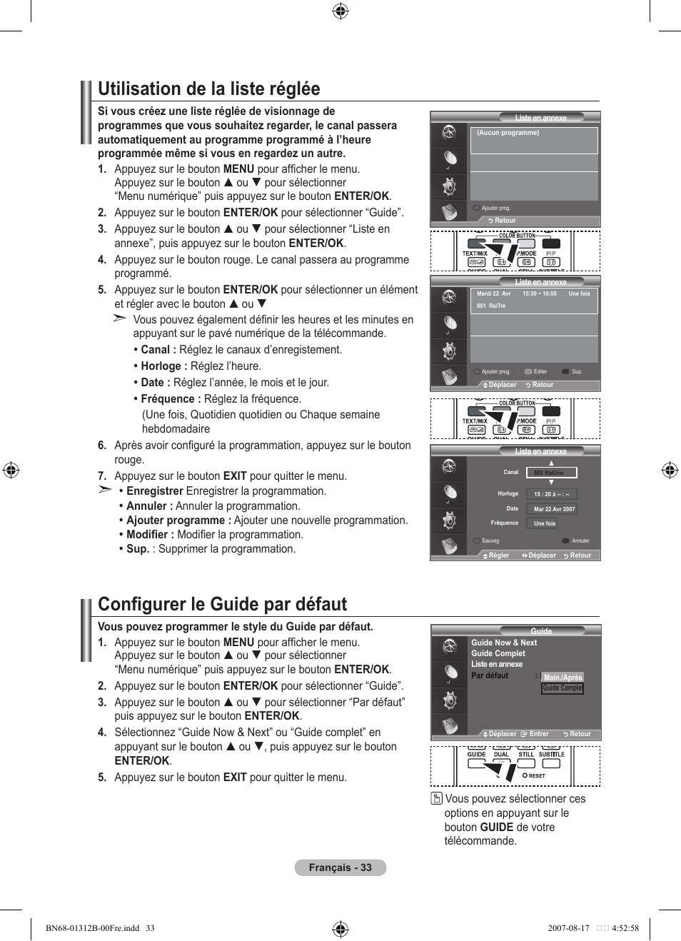 Utilisation de la liste réglée, Configurer le guide par défaut | Samsung LE40F86BD User Manual | Page 99 / 516
