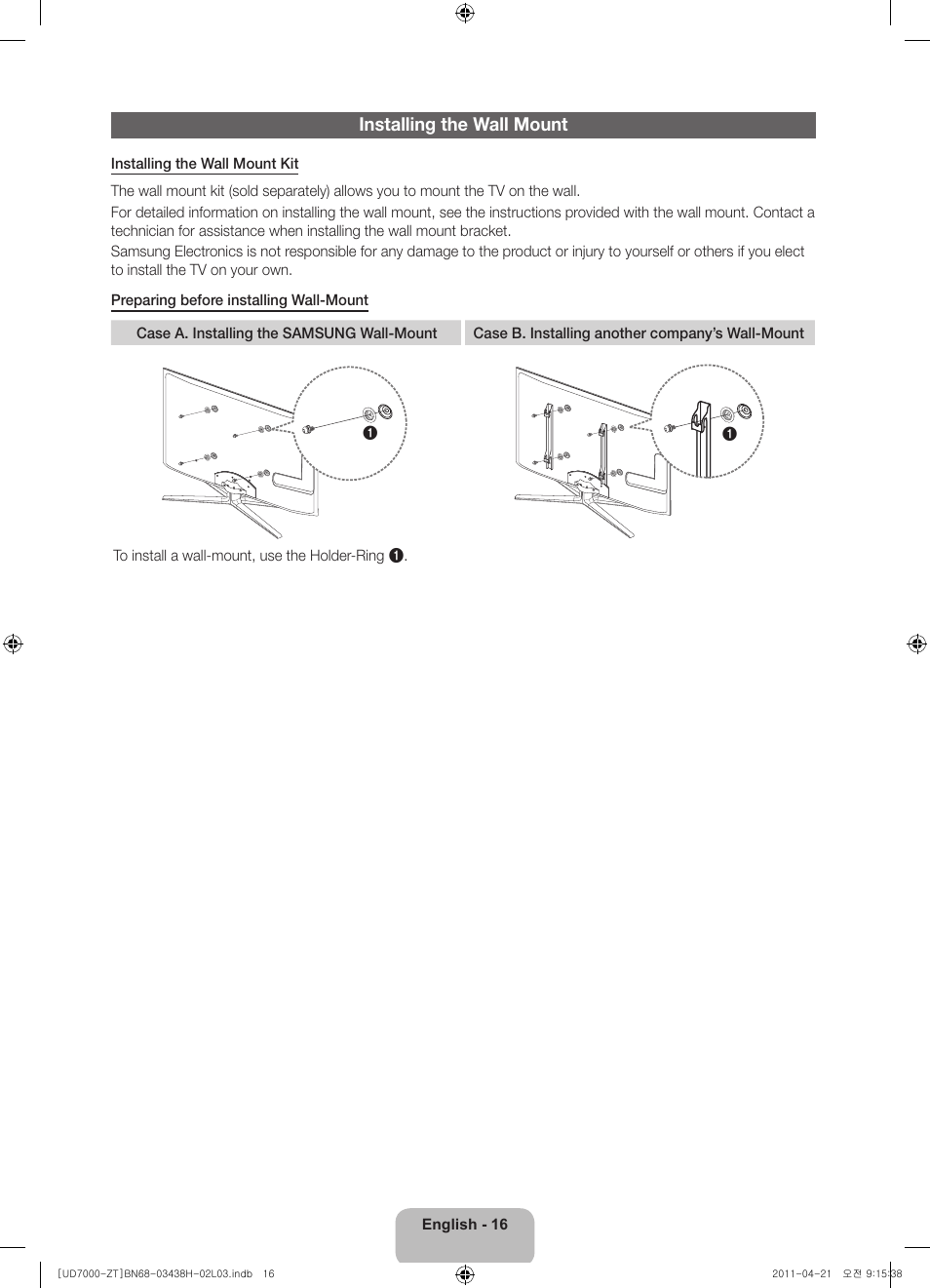 Installing the wall mount | Samsung UE46D7000LQ User Manual | Page 16 / 64