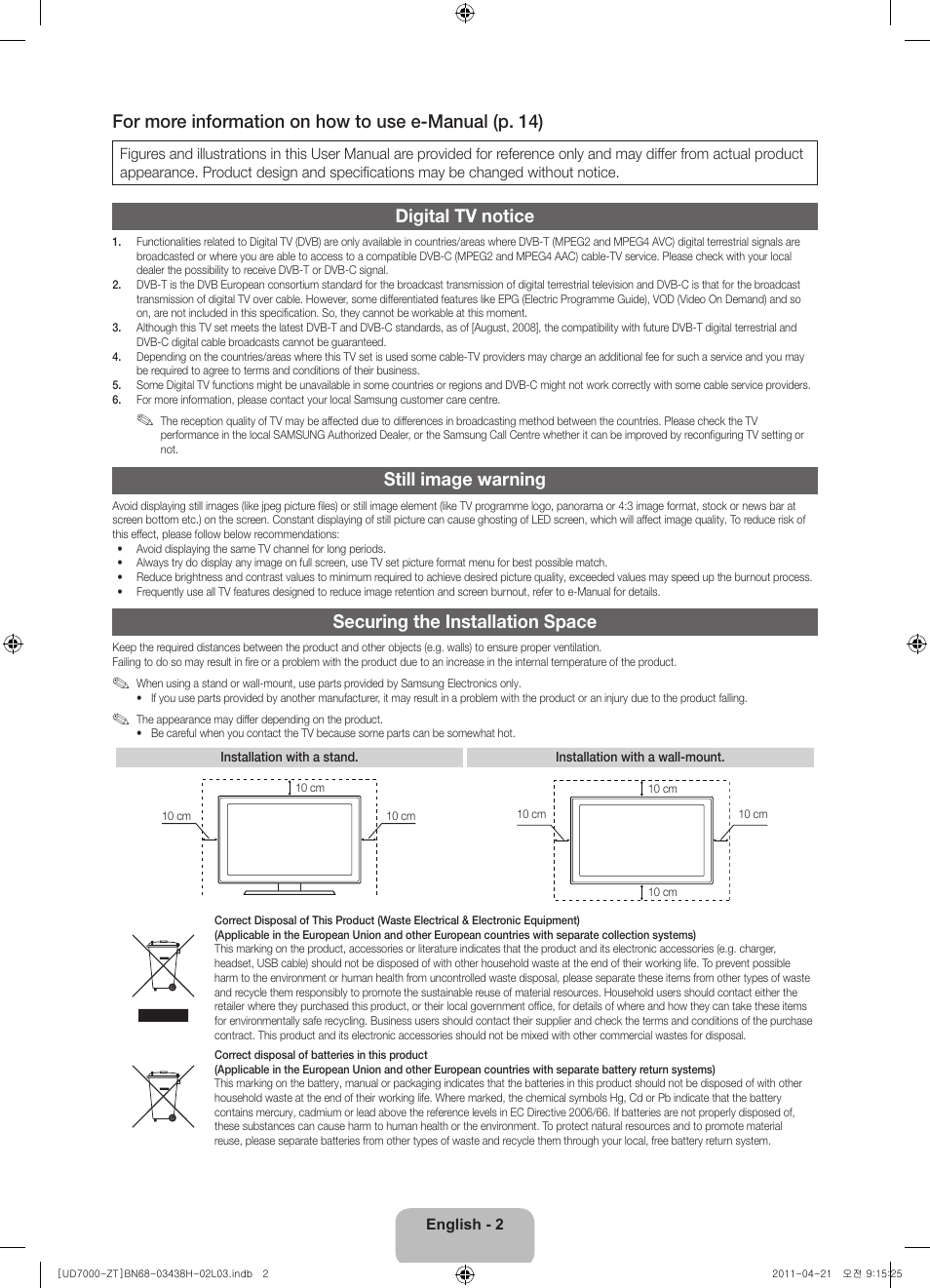 Digital tv notice, Still image warning, Securing the installation space | Samsung UE46D7000LQ User Manual | Page 2 / 64