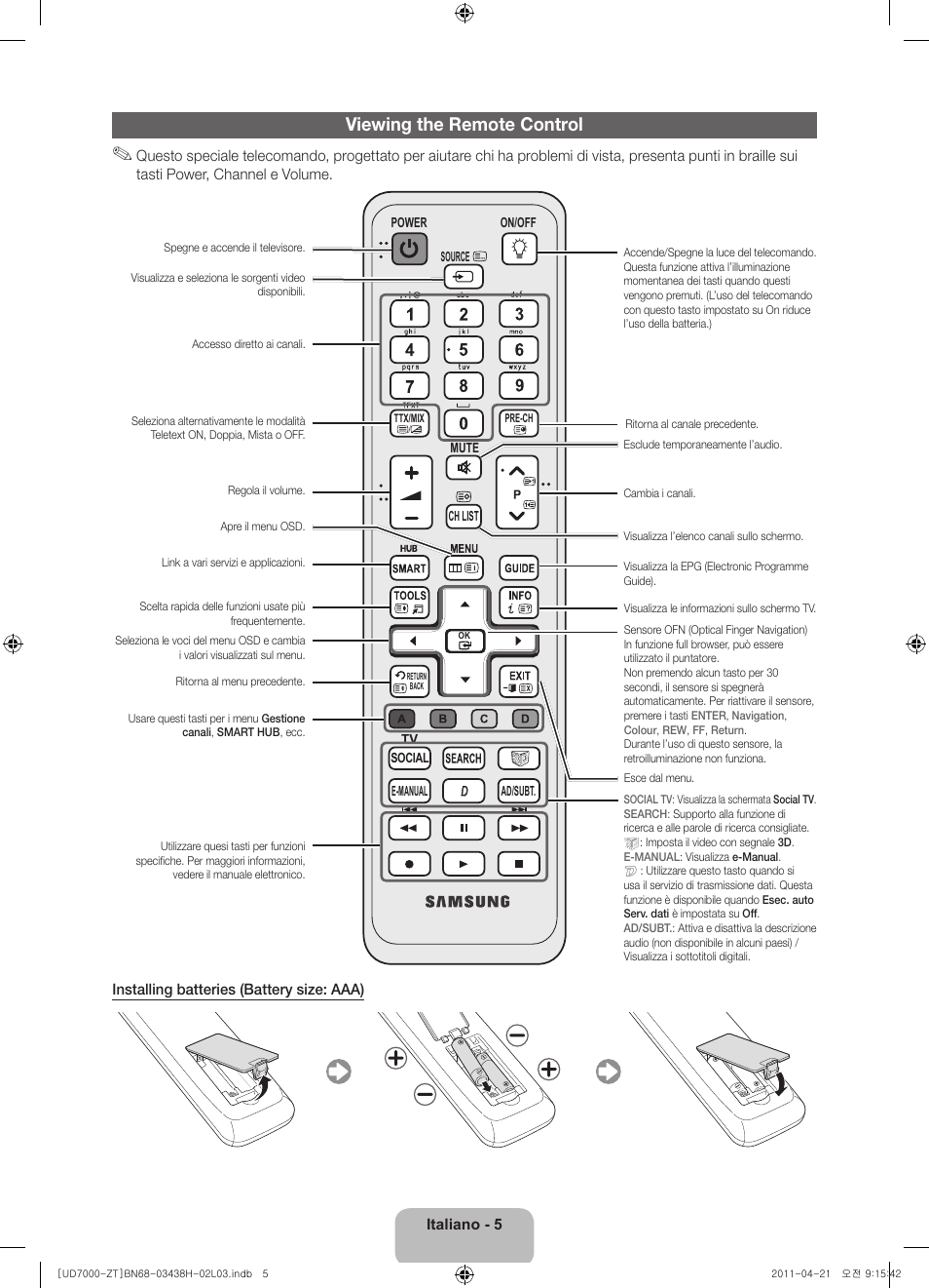 Viewing the remote control | Samsung UE46D7000LQ User Manual | Page 25 / 64