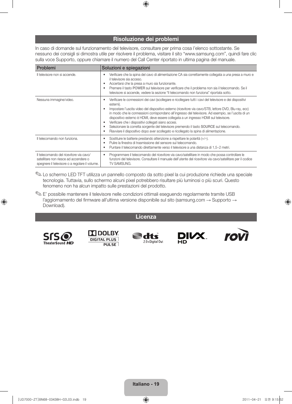 Risoluzione dei problemi, Licenza | Samsung UE46D7000LQ User Manual | Page 39 / 64