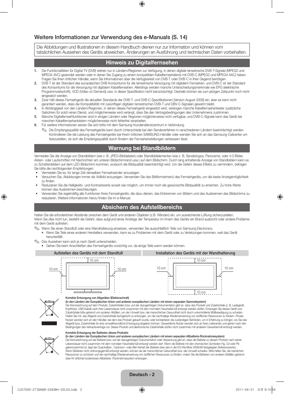 Hinweis zu digitalfernsehen, Warnung bei standbildern, Absichern des aufstellbereichs | Samsung UE46D7000LQ User Manual | Page 44 / 64