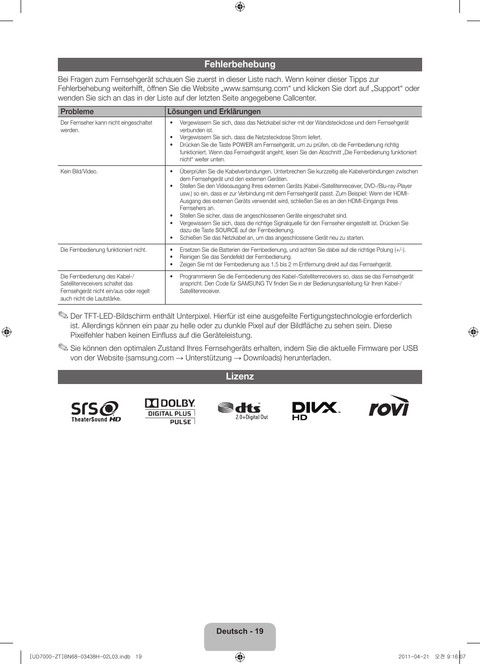 Fehlerbehebung, Lizenz | Samsung UE46D7000LQ User Manual | Page 61 / 64