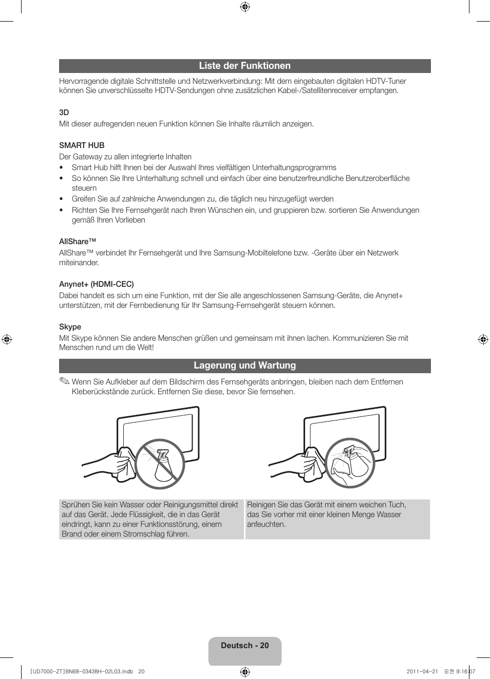 Liste der funktionen, Lagerung und wartung | Samsung UE46D7000LQ User Manual | Page 62 / 64