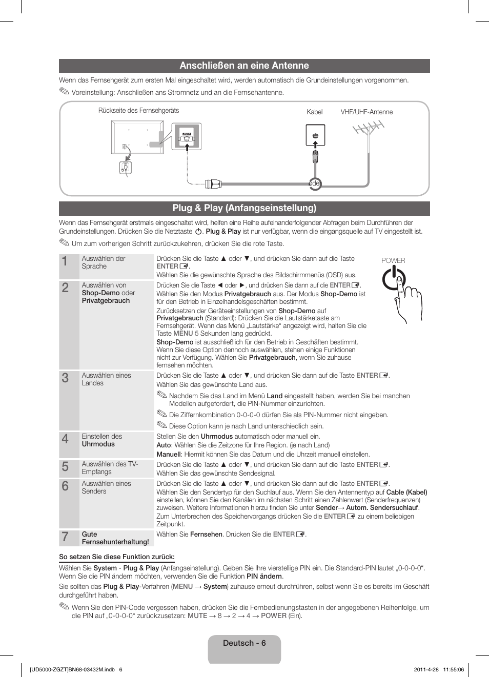 Anschließen an eine antenne, Plug & play (anfangseinstellung) | Samsung UE22D5000NW User Manual | Page 22 / 67