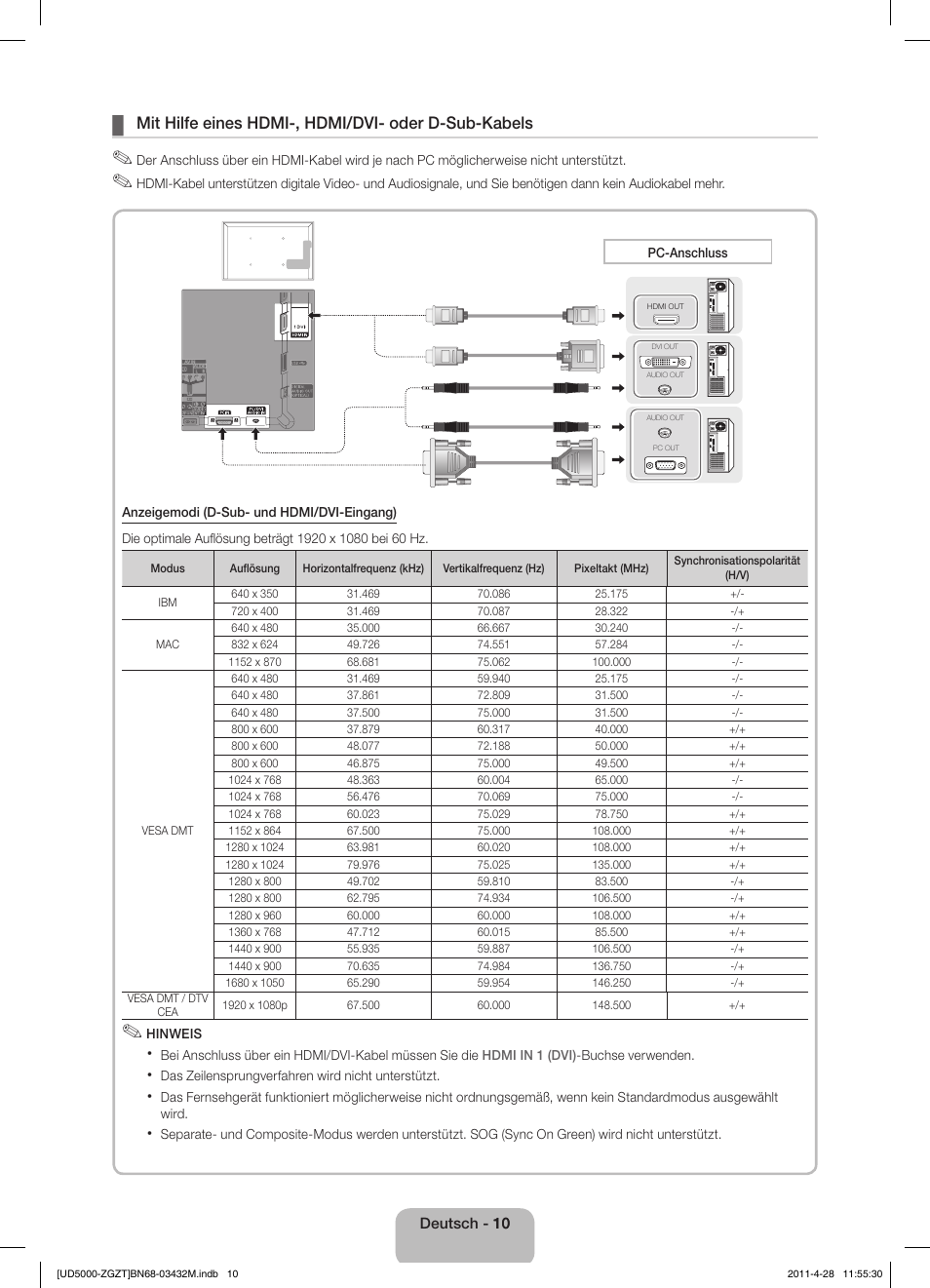 Mit hilfe eines hdmi-, hdmi/dvi- oder d-sub-kabels | Samsung UE22D5000NW User Manual | Page 26 / 67