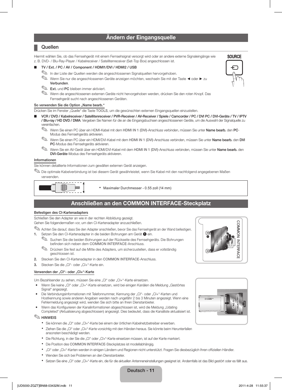 Ändern der eingangsquelle, Anschließen an den common interface-steckplatz | Samsung UE22D5000NW User Manual | Page 27 / 67