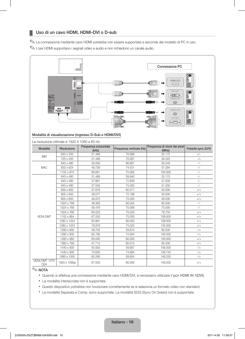 Uso di un cavo hdmi, hdmi-dvi o d-sub | Samsung UE22D5000NW User Manual | Page 58 / 67
