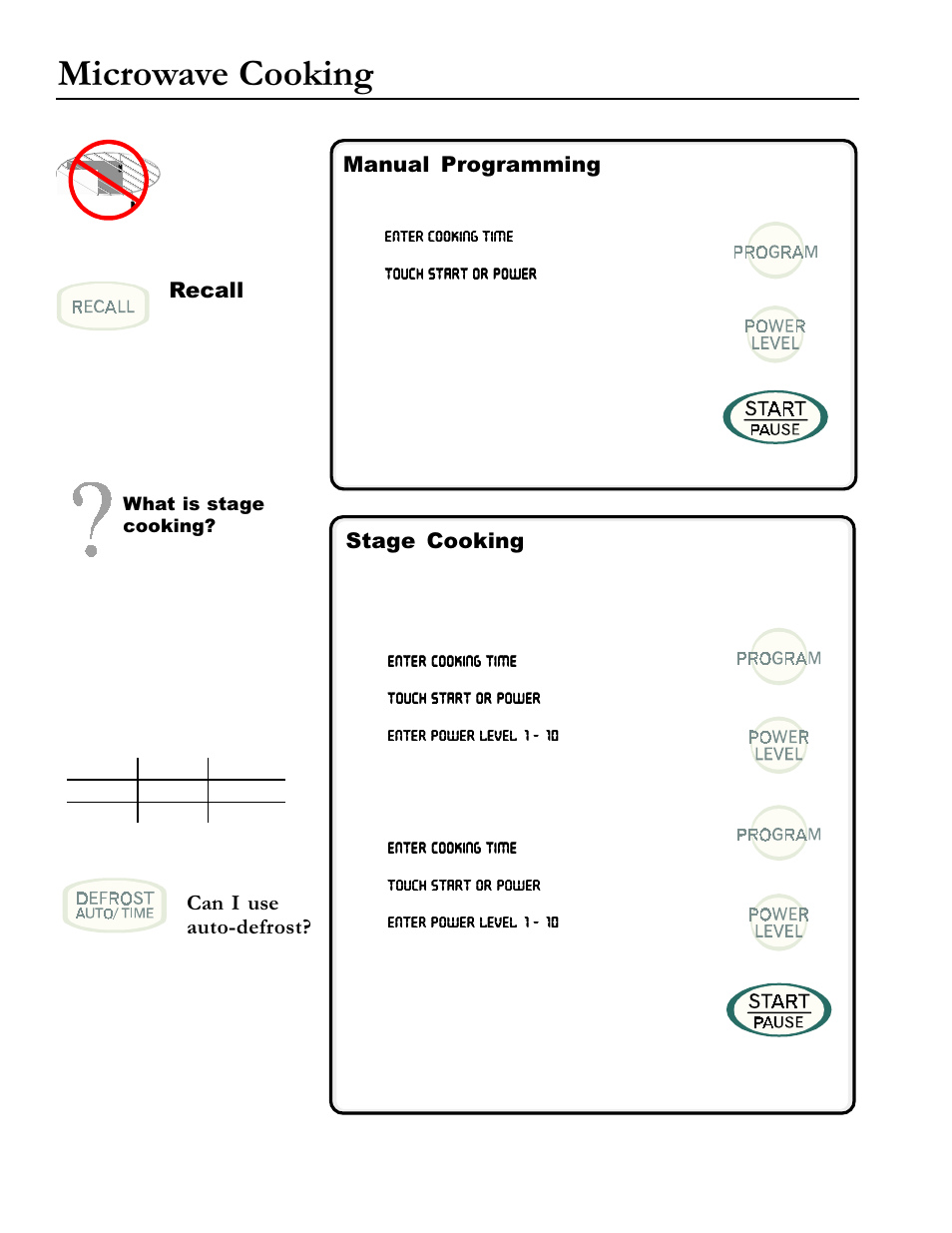 Microwave cooking, Can i use auto-defrost, Manual programming | Stage cooking, Recall | Amana ACM1580A User Manual | Page 10 / 24