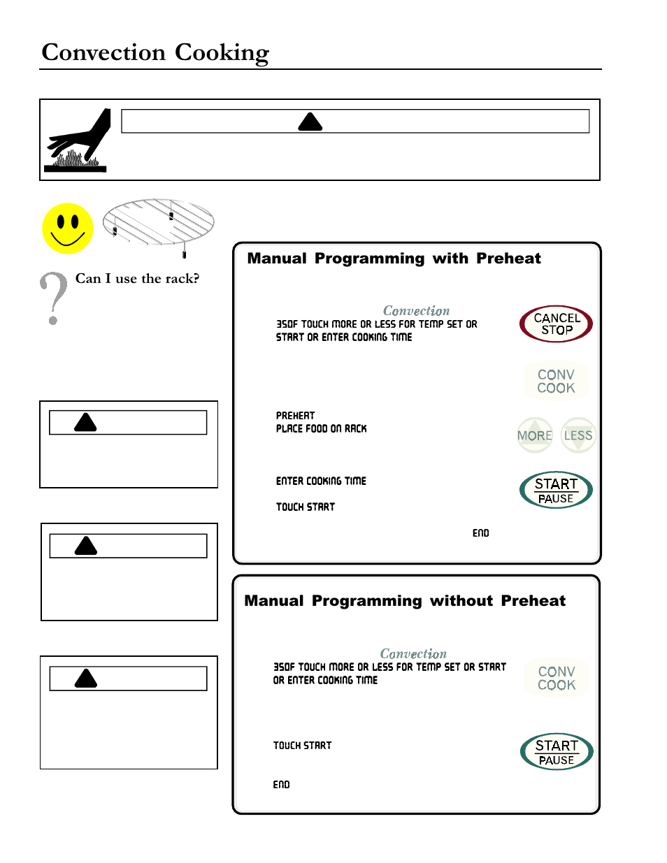 Convection cooking, Caution, Manual programming with preheat | Manual programming without preheat, Can i use the rack | Amana ACM1580A User Manual | Page 14 / 24
