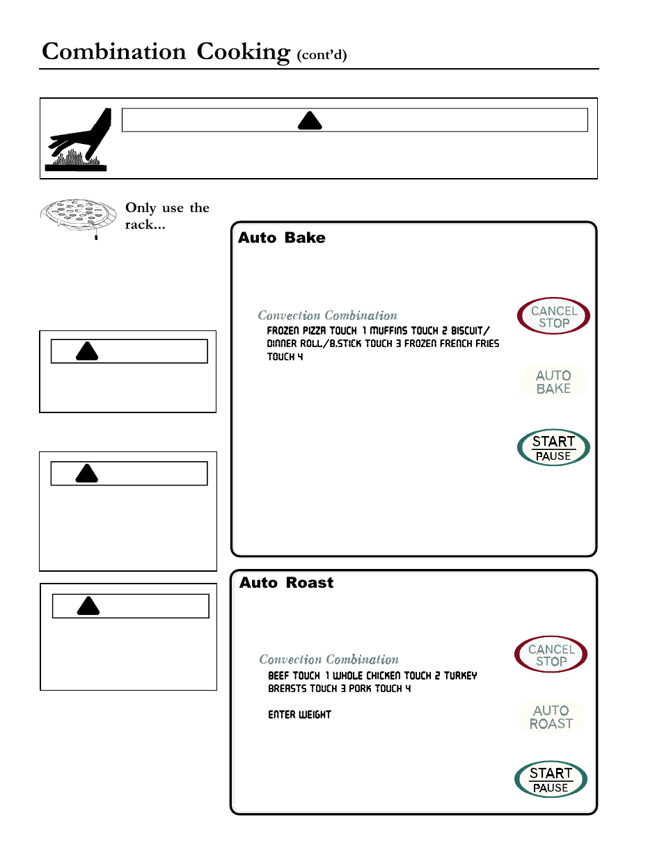 Combination cooking, Caution, Contd) | Auto bake, Auto roast, Only use the rack | Amana ACM1580A User Manual | Page 16 / 24