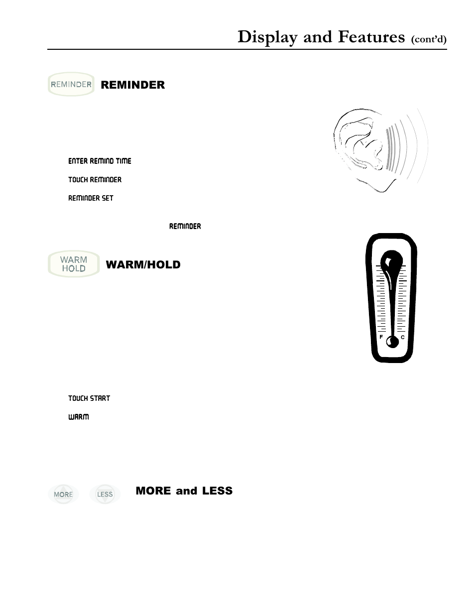 Display and features, Contd) reminder, Warm/hold | More and less | Amana ACM1580A User Manual | Page 7 / 24