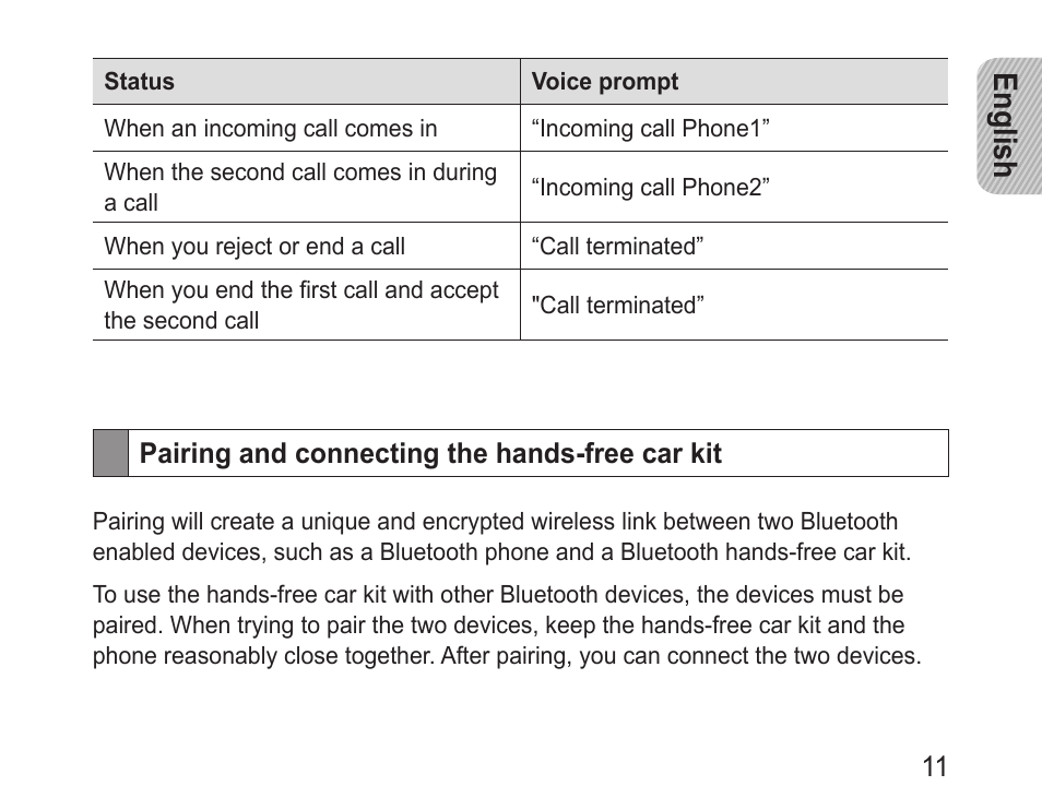 Pairing and connecting the hands-free car kit, English | Samsung BHF1000 User Manual | Page 13 / 135