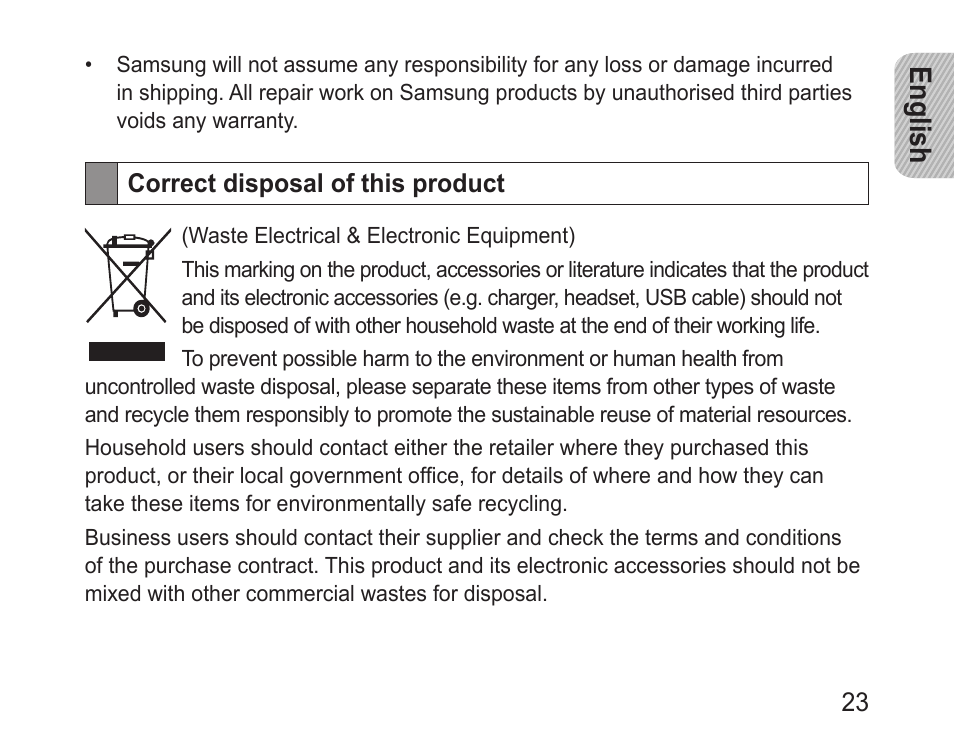 Correct disposal of this product, English | Samsung BHF1000 User Manual | Page 25 / 135